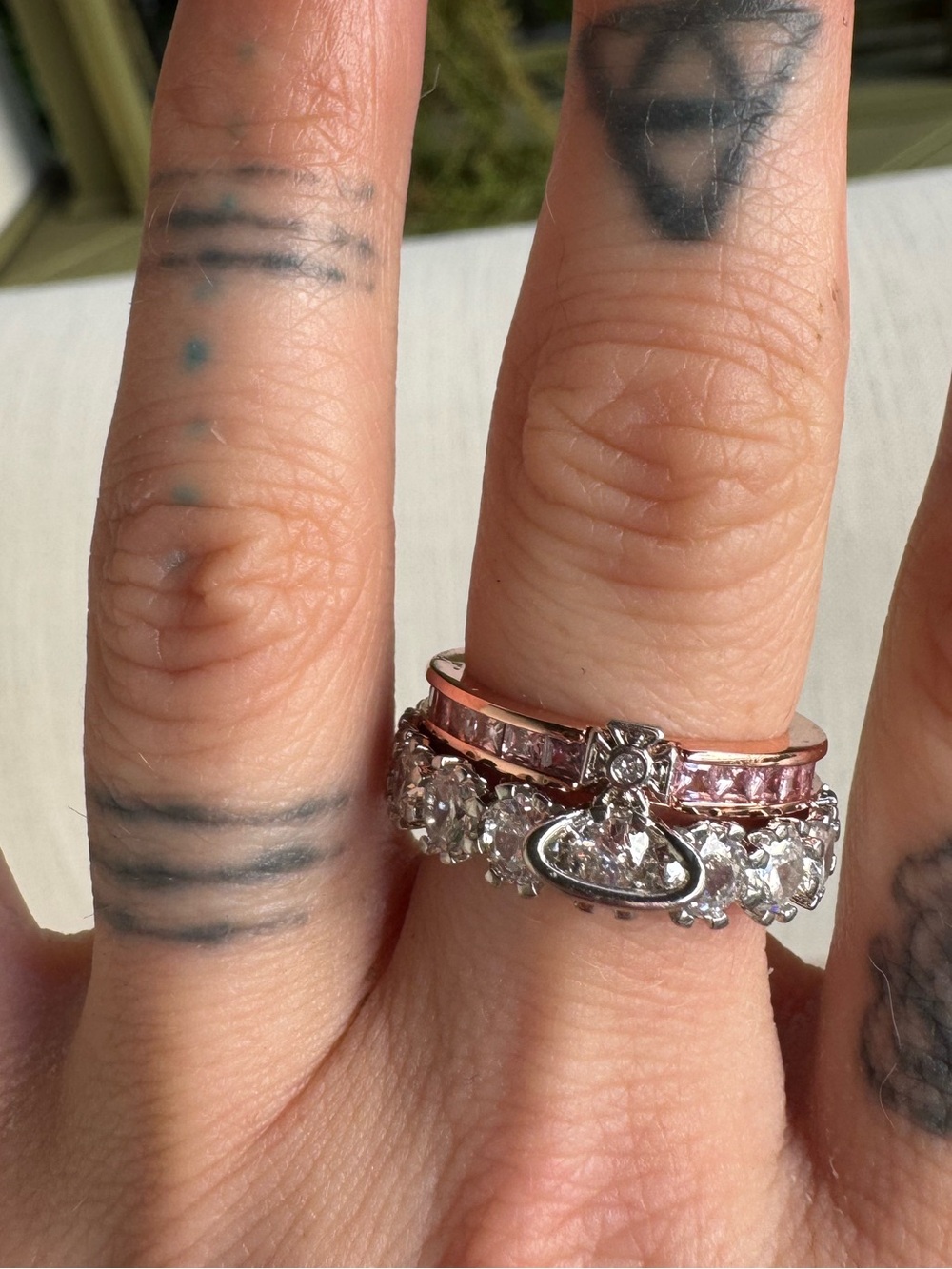 Vivienne Westwood Sterling Silver & Rose Gold Pink and Clear CZ Double Band